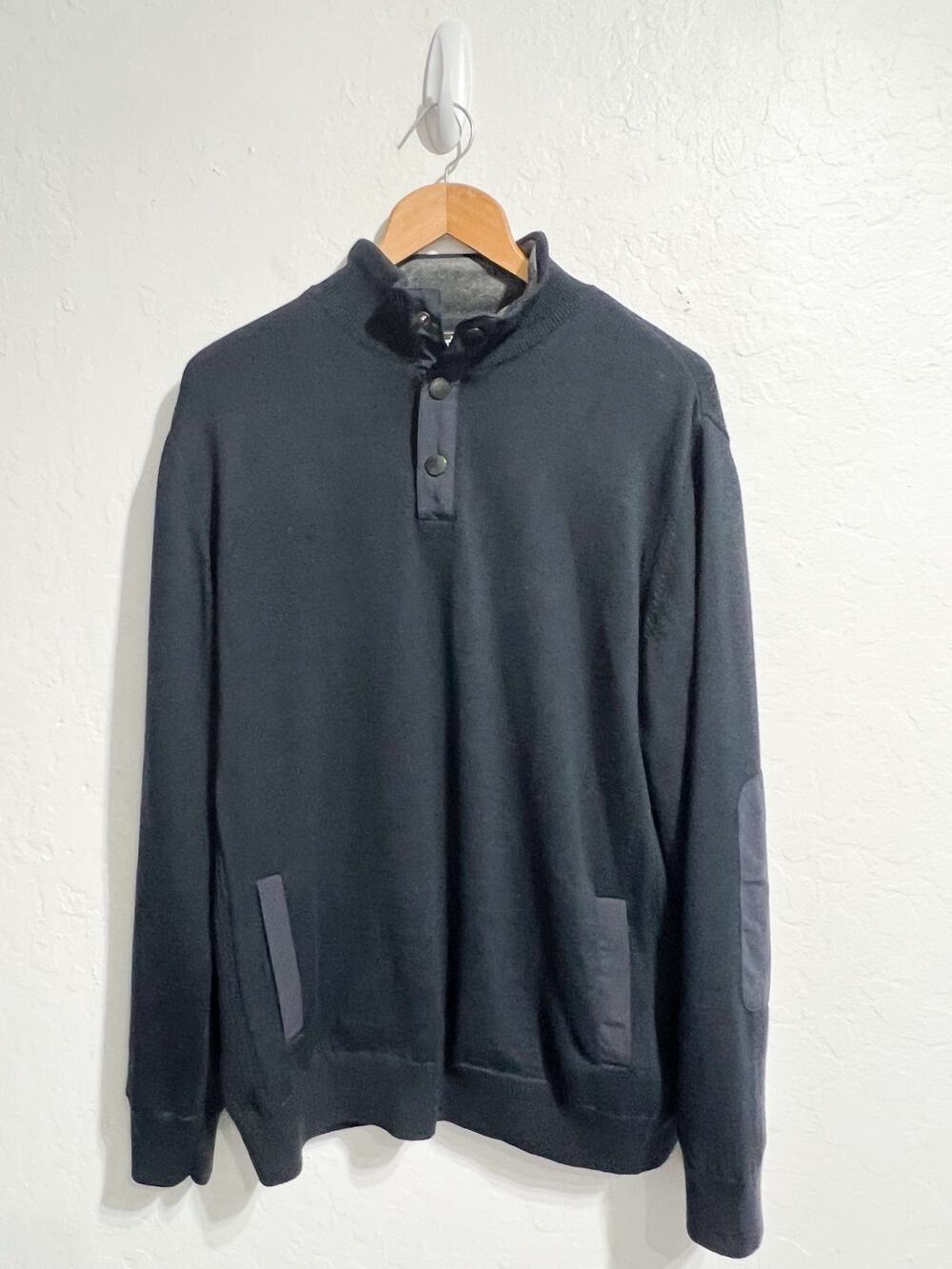 Barbour Sweater Mens XL Knit Navy Blue Elbow Patch Snap Button Quarter Spate